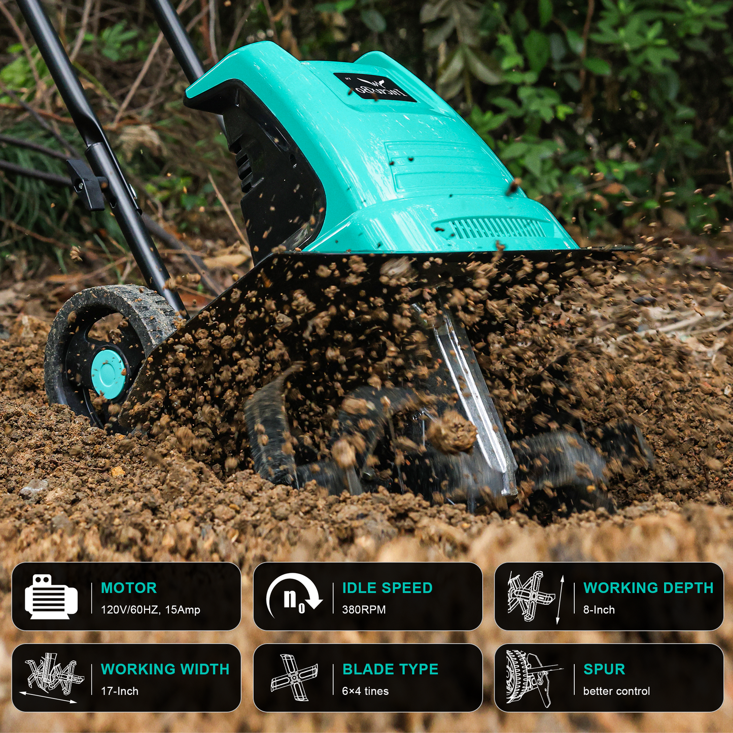 IncwBo 15AMP 17Inch Cord Tiller for Gardening Electric Garden Tiller 120 Vot Power