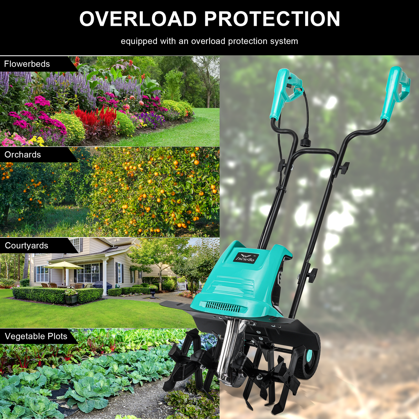 IncwBo 15AMP 17Inch Cord Tiller for Gardening Electric Garden Tiller 120 Vot Power