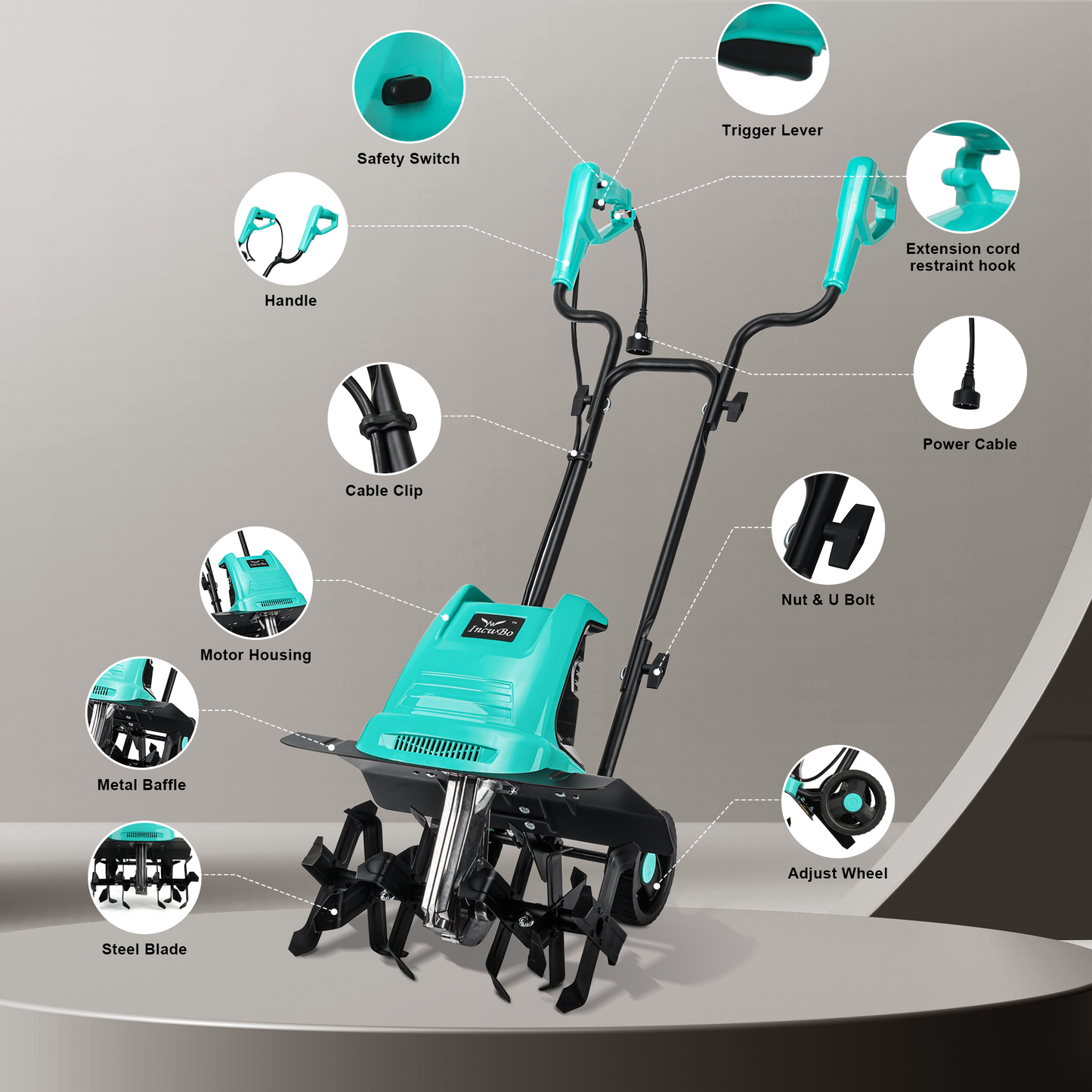 IncwBo 13.5AMP 16Inch Cord Tiller for Gardening Electric Garden Tiller 120 Vot Power