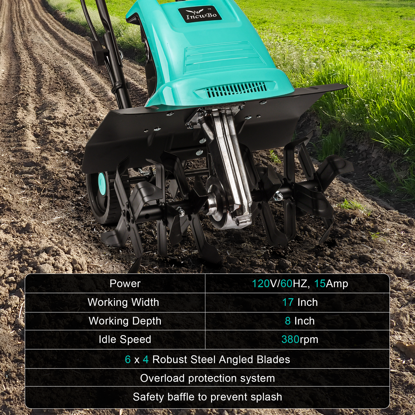 IncwBo 15AMP 17Inch Cord Tiller for Gardening Electric Garden Tiller 120 Vot Power
