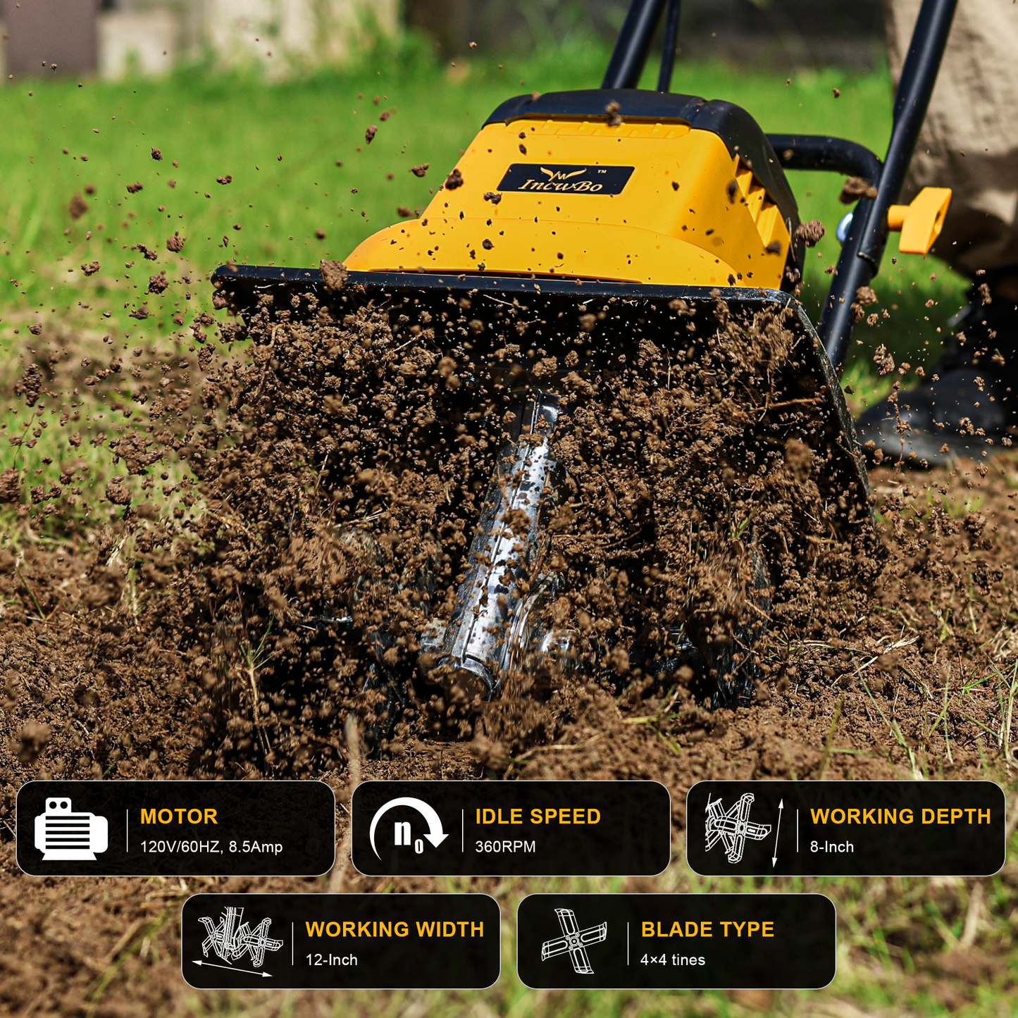 IncwBo 8.5AMP 12Inch Cord Tiller for Gardening Electric Garden Tiller 120 Vot Power