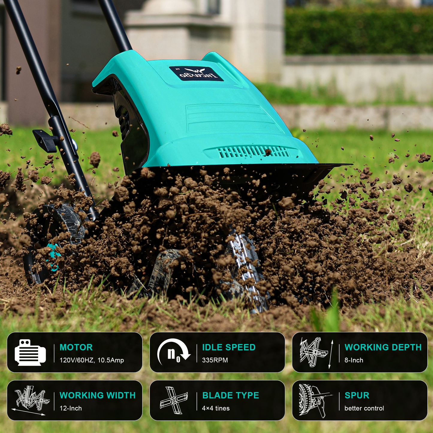 IncwBo 10.5AMP 12Inch Cord Tiller for Gardening Electric Garden Tiller 120 Vot Power