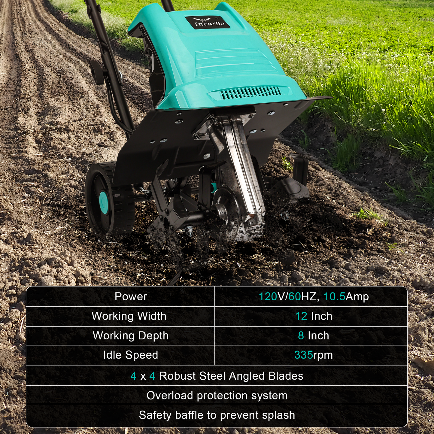 IncwBo 10.5AMP 12Inch Cord Tiller for Gardening Electric Garden Tiller 120 Vot Power